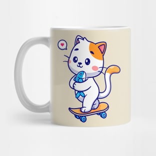 Cute Cat Holding Fish On Skateboard Cartoon Mug